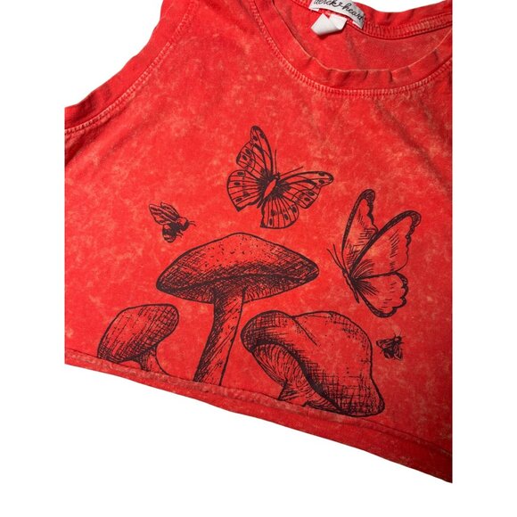 Derek Heart Size Medium Acid Wash Orange Mushroom Butterfly Cropped Tank Top - Picture 3 of 6